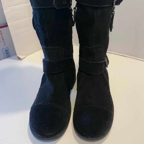 MOJO MOXY black suede buckle zip moto boots Y2K high low knee stud women's 9 - Picture 3 of 13
